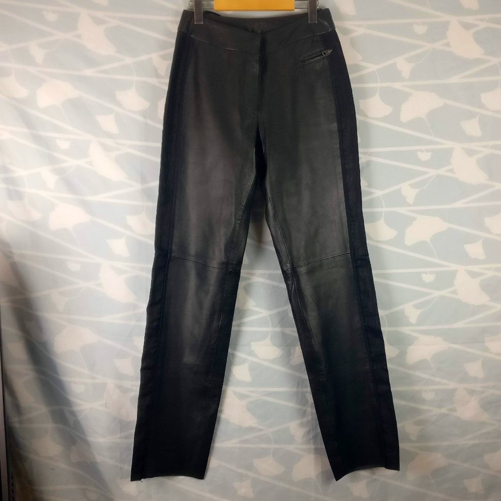 TUZZI Germany High Rise Straight Leg Black Lamb Leather Pant Leather Trouser sz8